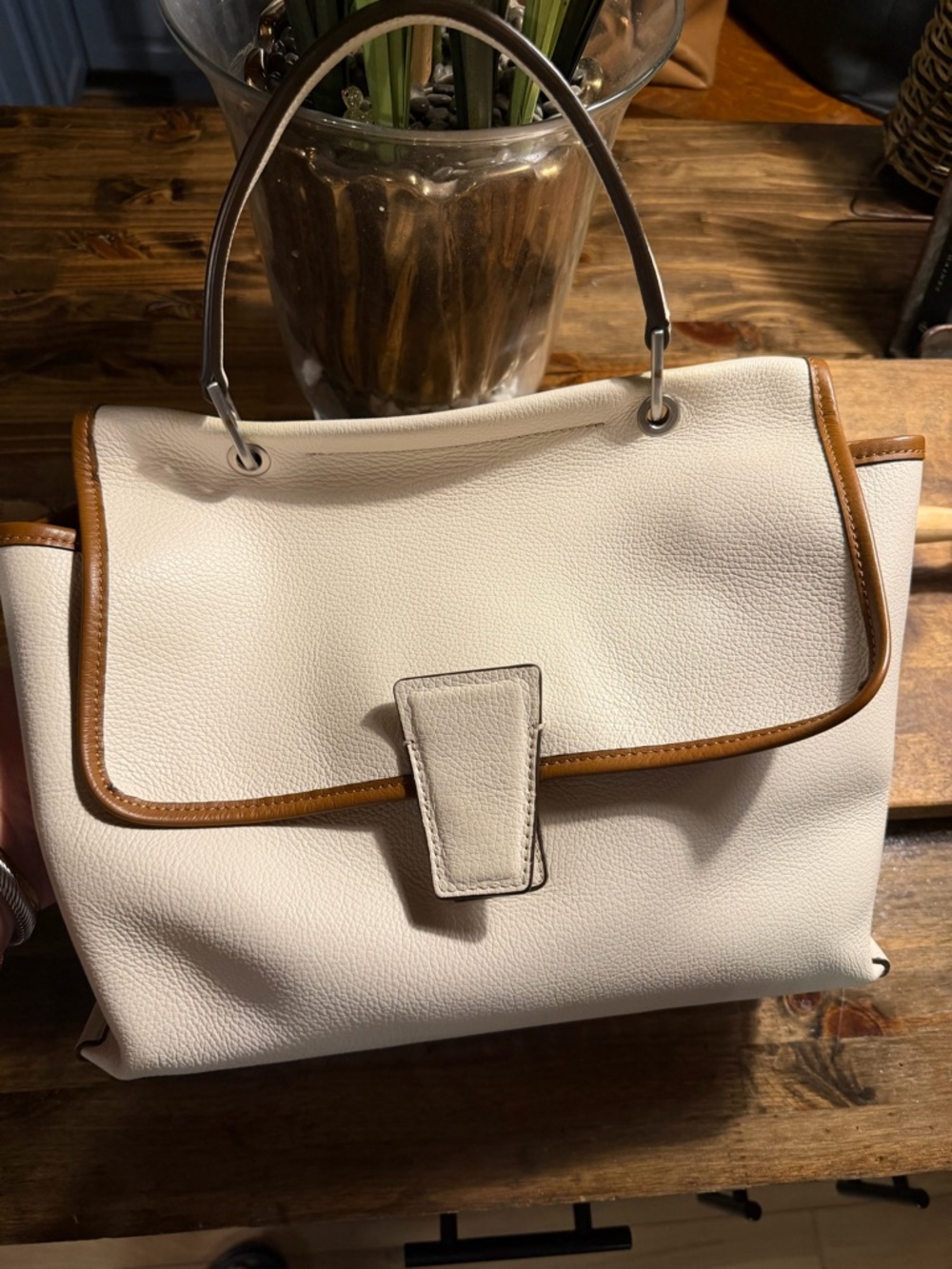 Structured Cream Satchel with Tan Trim - Top-Handle Women's Bag